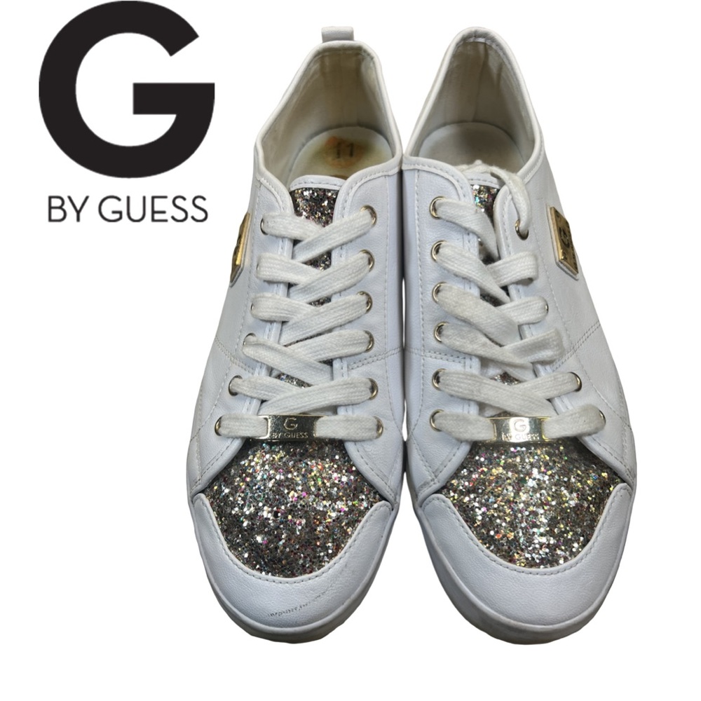 G by Guess White Sneakers with Multi Colored Glitter, Lace up, Size 11